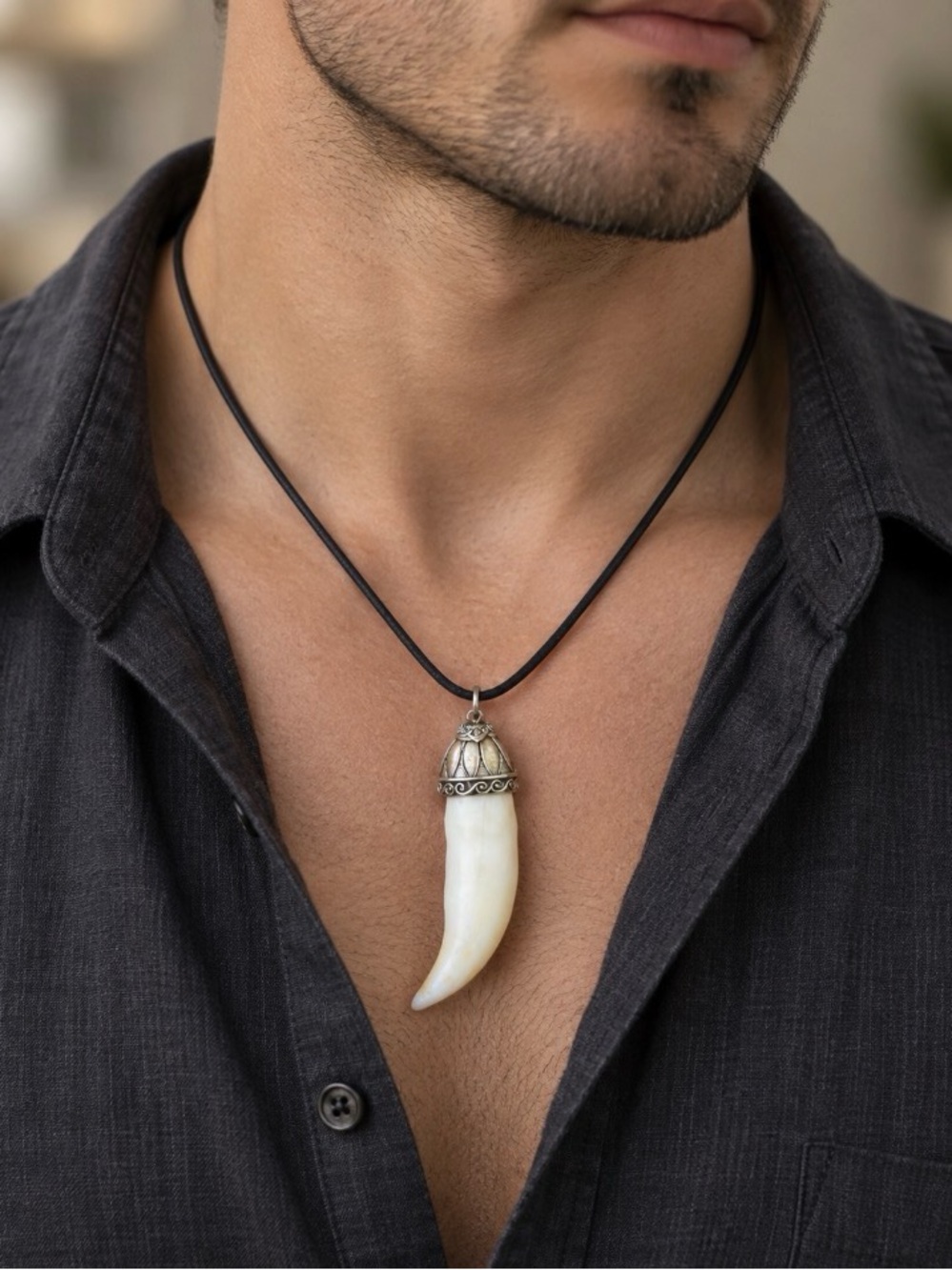 Men's Black Cord Necklace with Ivory Horn Pendant and Silver Cap
